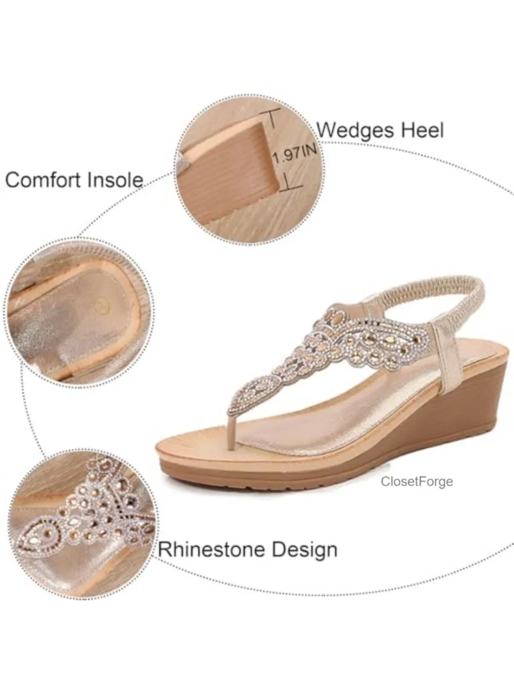 Women's T-Strap Rhinestone Wedge Sandals Arch Support Non Slip